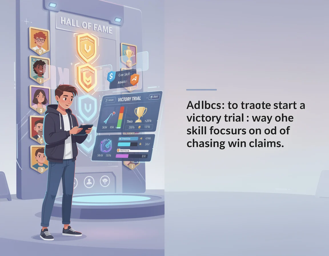 Ilustrasi Cara memulai victory trial tanpa mengejar klaim menang untuk arena victory challenge dengan champion badge dan hall of fame berbasis skill